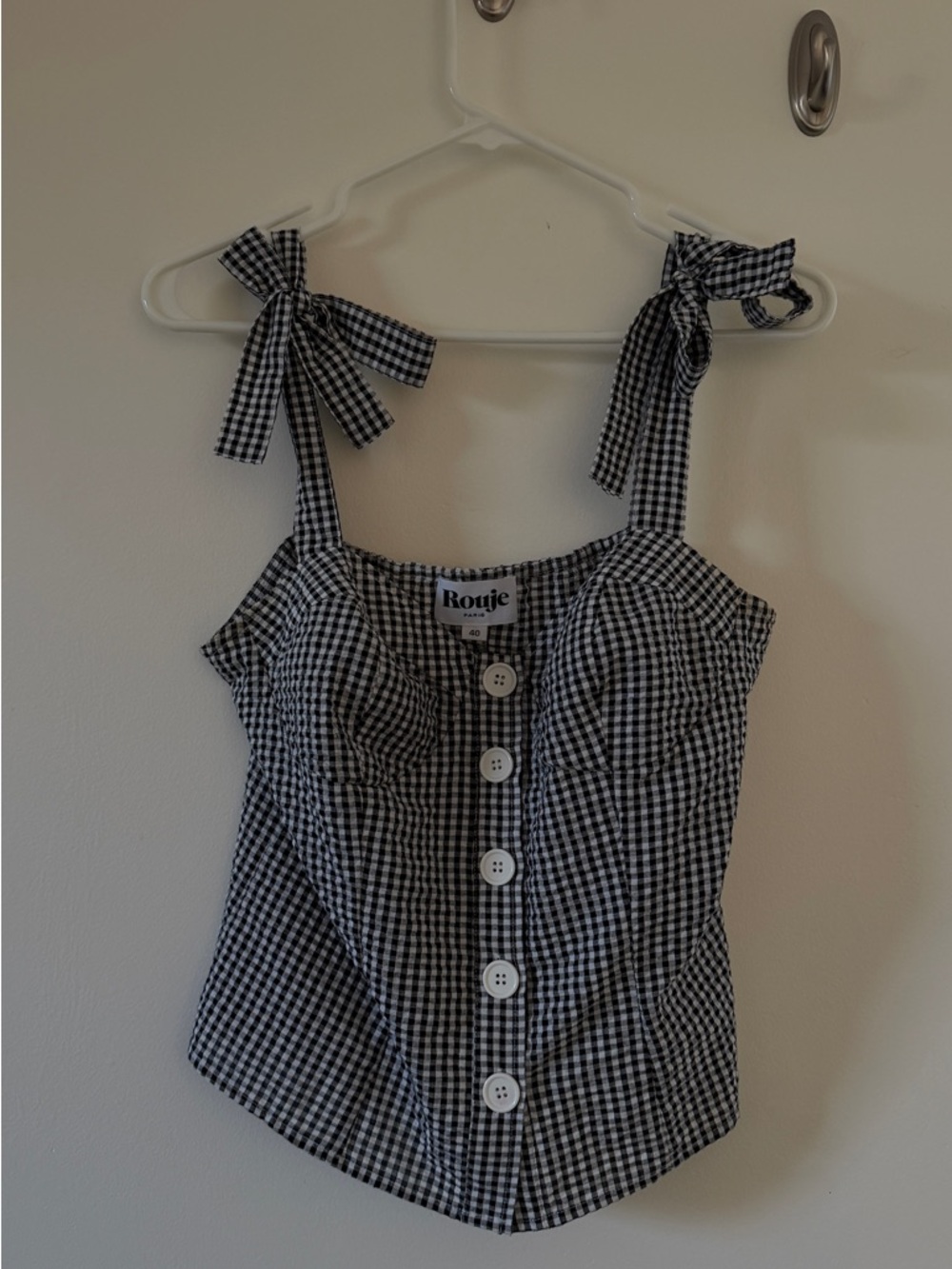 Rouje Black and White Gingham Tie-Shoulder Bustier Top